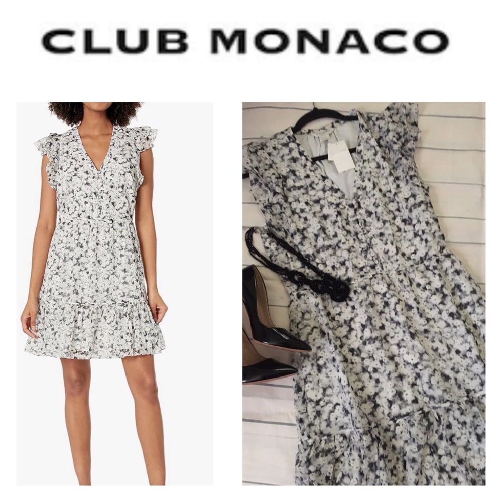 Club Monaco Black and White Floral Ruffle V-Neck Mini Dress